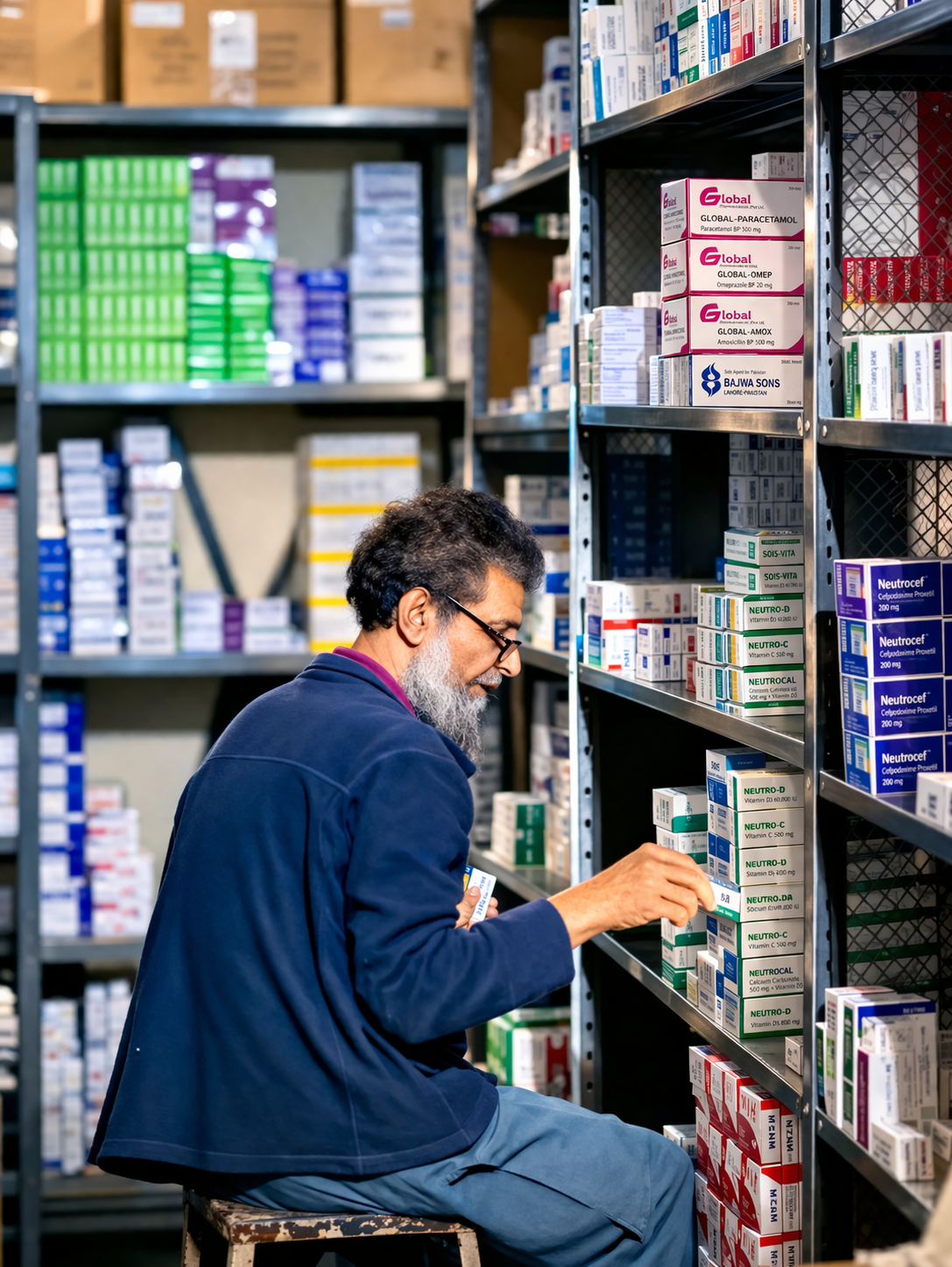 Pharmacy staff managing medicine stock in United Distributors Okara warehouse