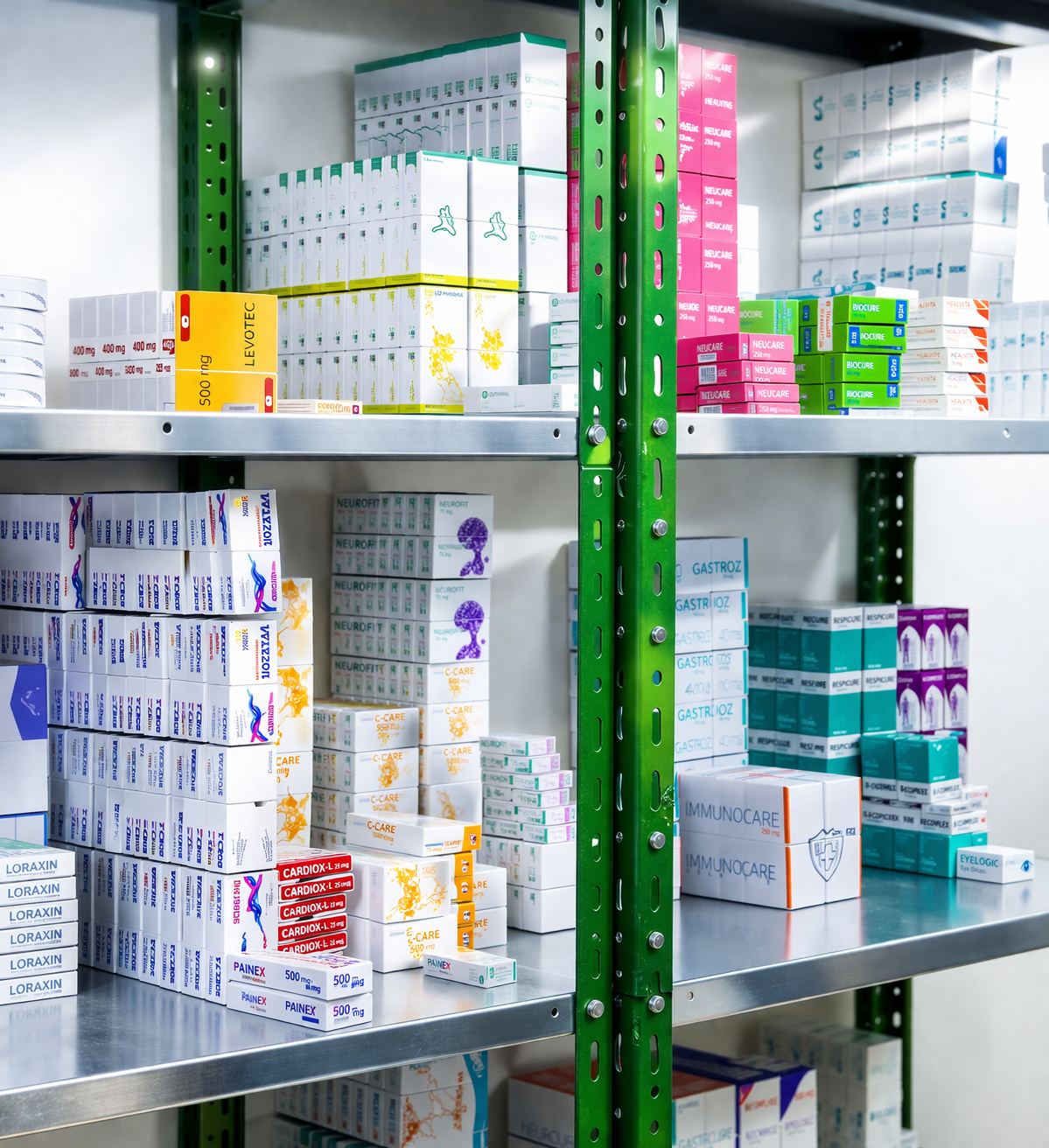 Pharmaceutical products stored on shelves in temperature controlled storage facility